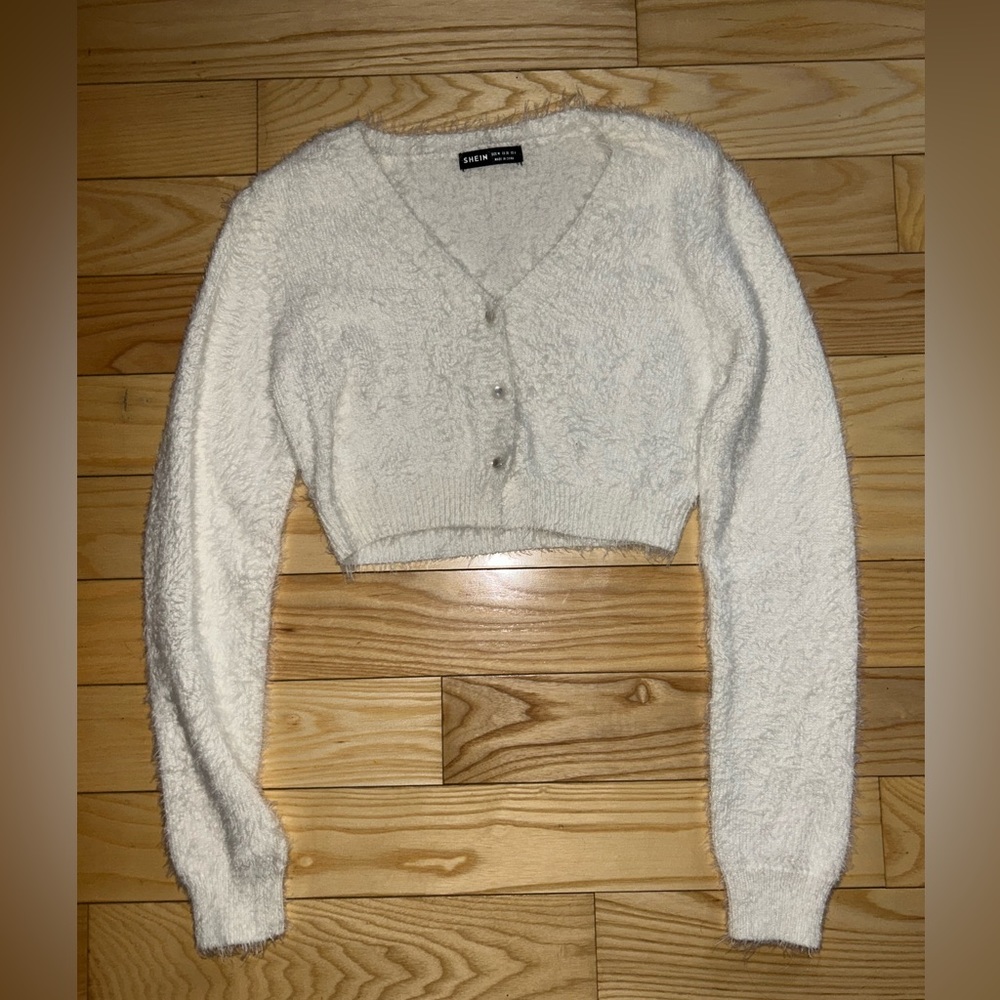 White fuzzy button down cropped sweater